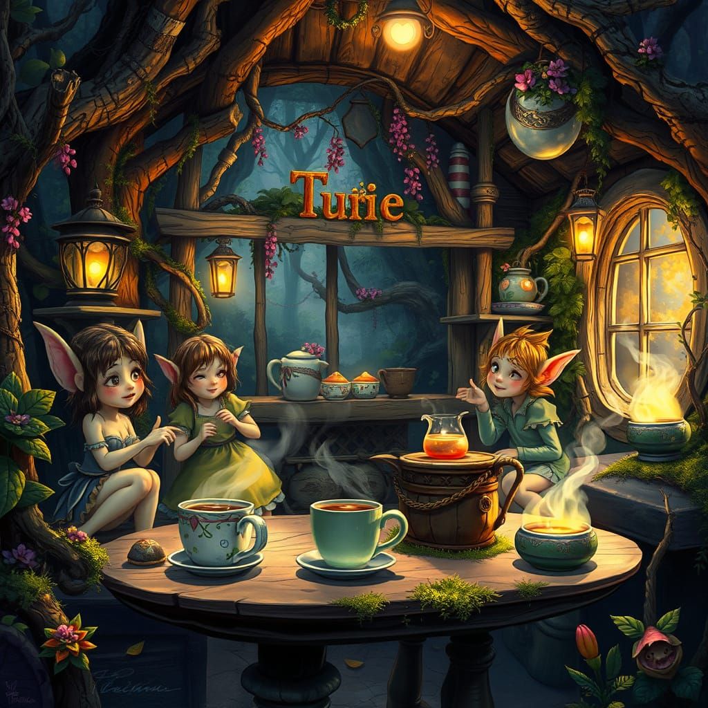 Mischievous Sprites Serve Coffee in Enchanted Woodland Cafe