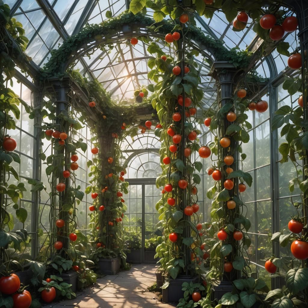 Crystal Tomatoes in a Futuristic Greenhouse Masterpiece