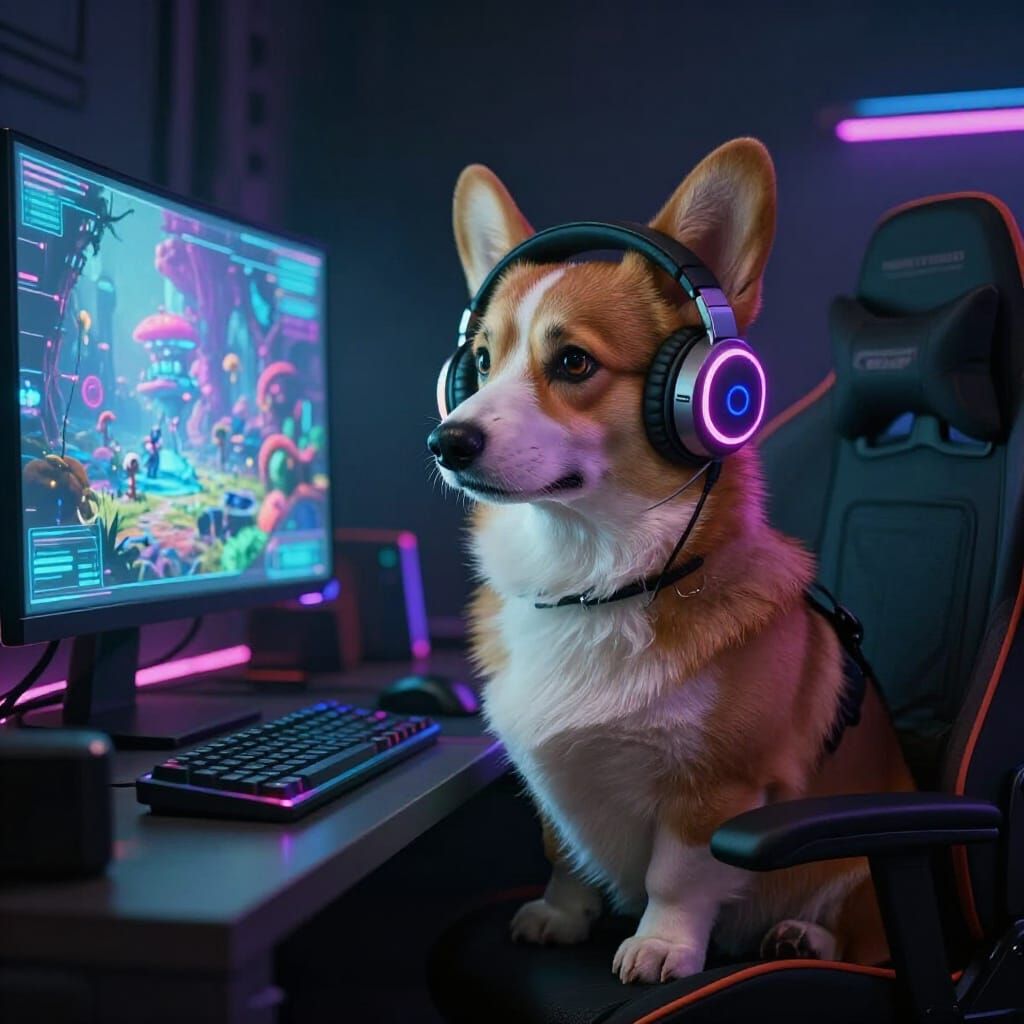 Cyberpunk Corgi Gamer in Neon-Lit Room