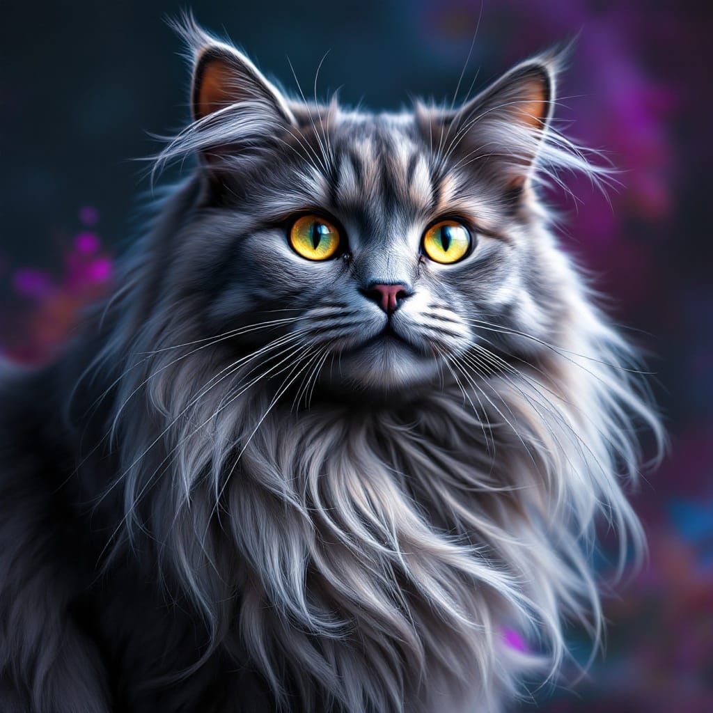Majestic Gray Cat with Flowing Hair Portrait