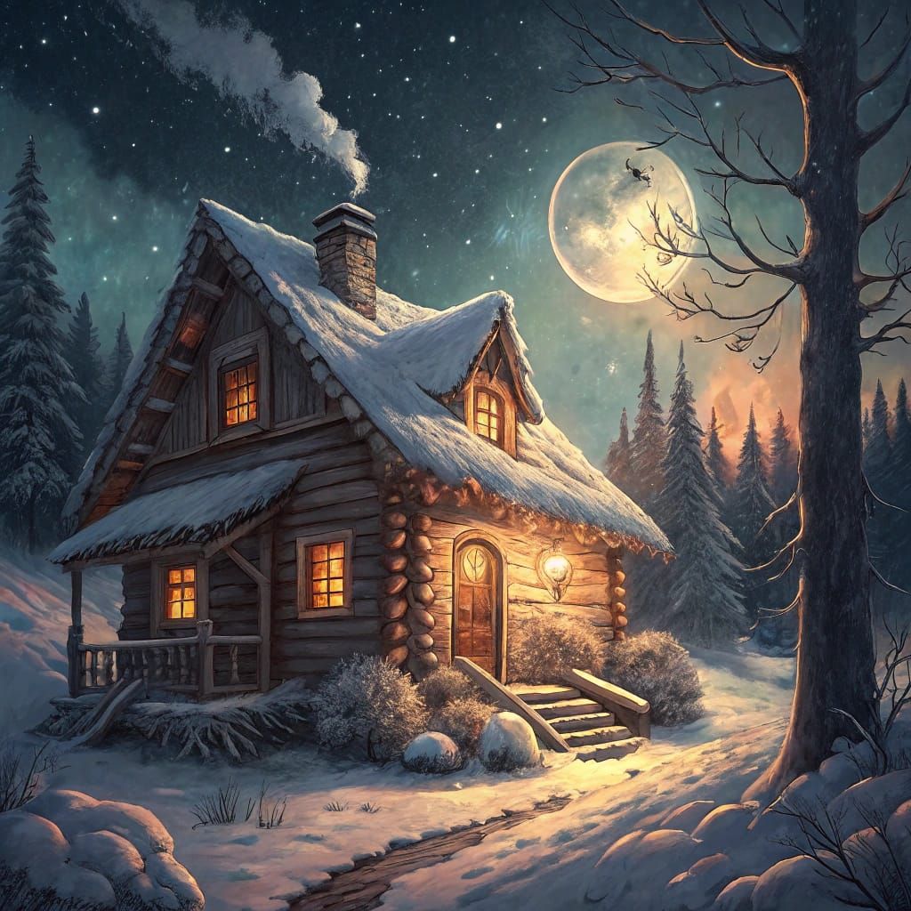 Whimsical Winter Cabin in Moonlit Hues