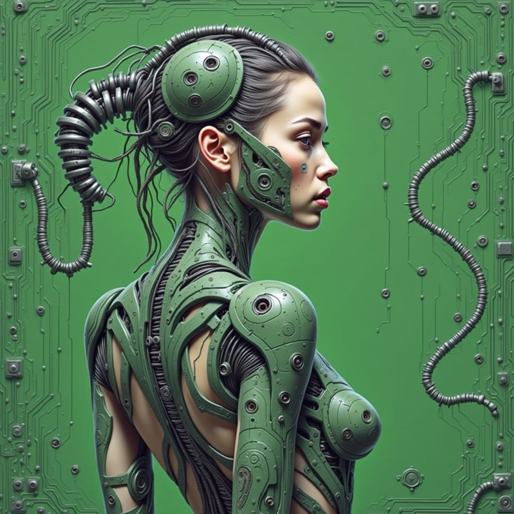 Cyborg Woman with Circuit Tattoos in H.R. Giger Style