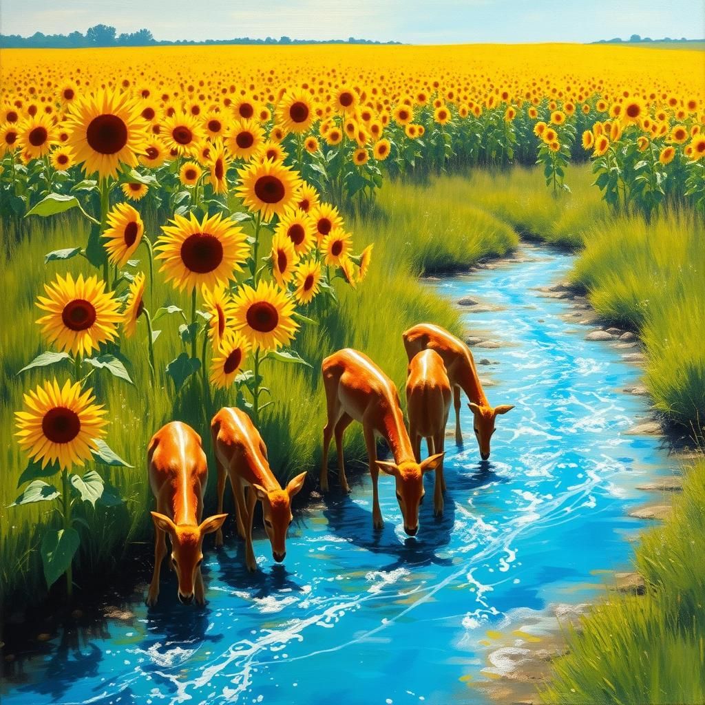 Sunlit Sunflower Field with Deer, Impressionistic Style