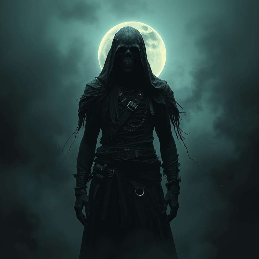 Solemn Figure Amidst Lunar Eclipse in Dark, Cyberpunk Gothic...