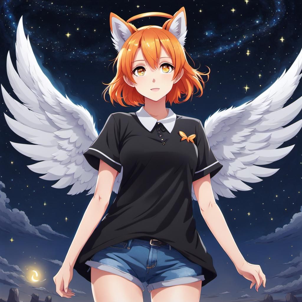 Anime Angel with Fox Ears in Starry Night