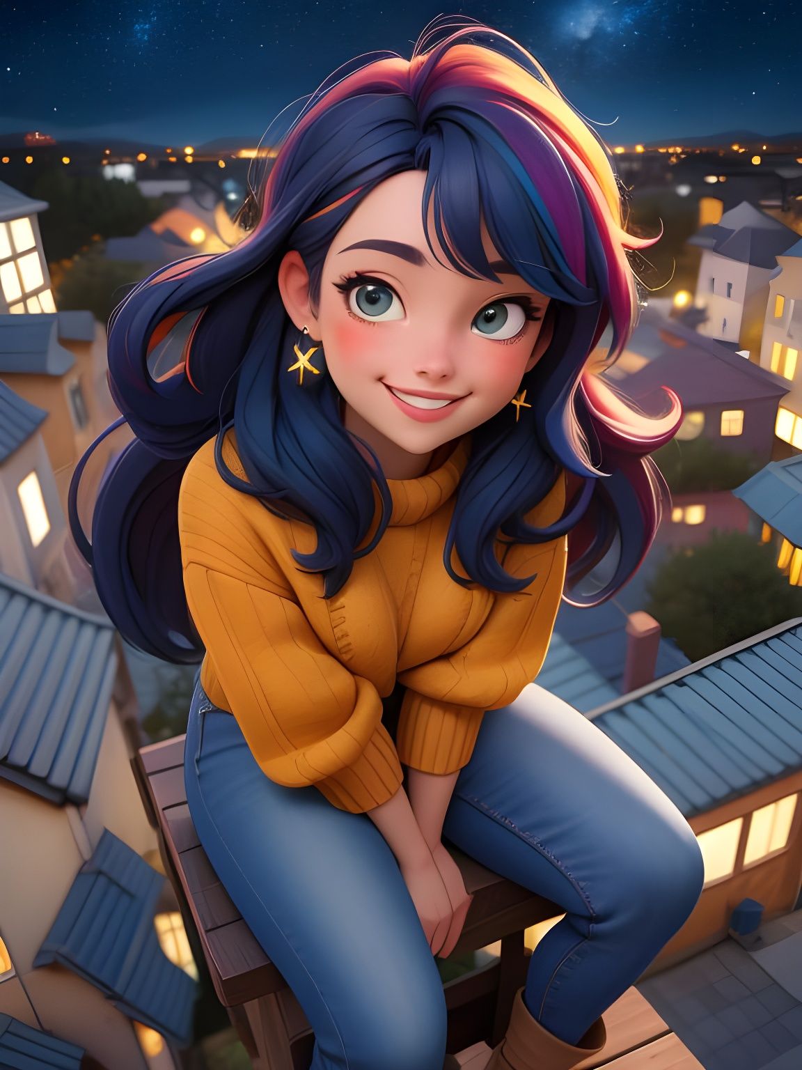 Girl on Roof in Starry Night Style