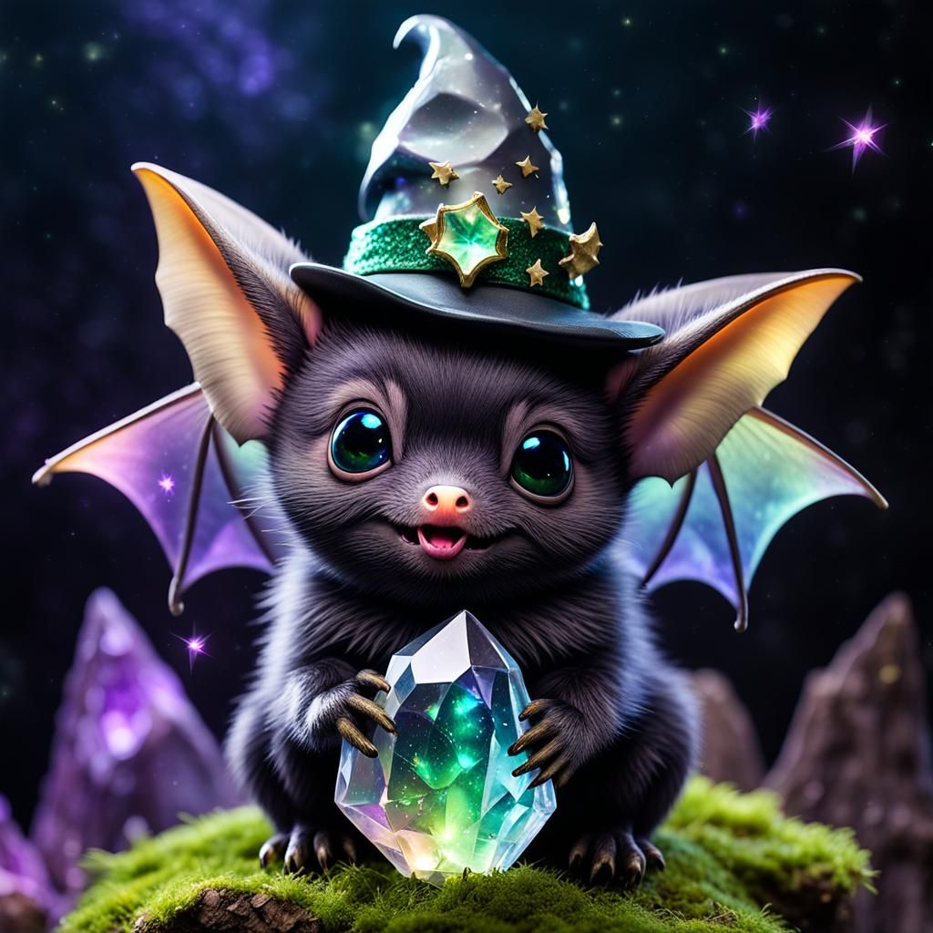 Chibi Bat Wizard with Rainbow Fluorite Crystal