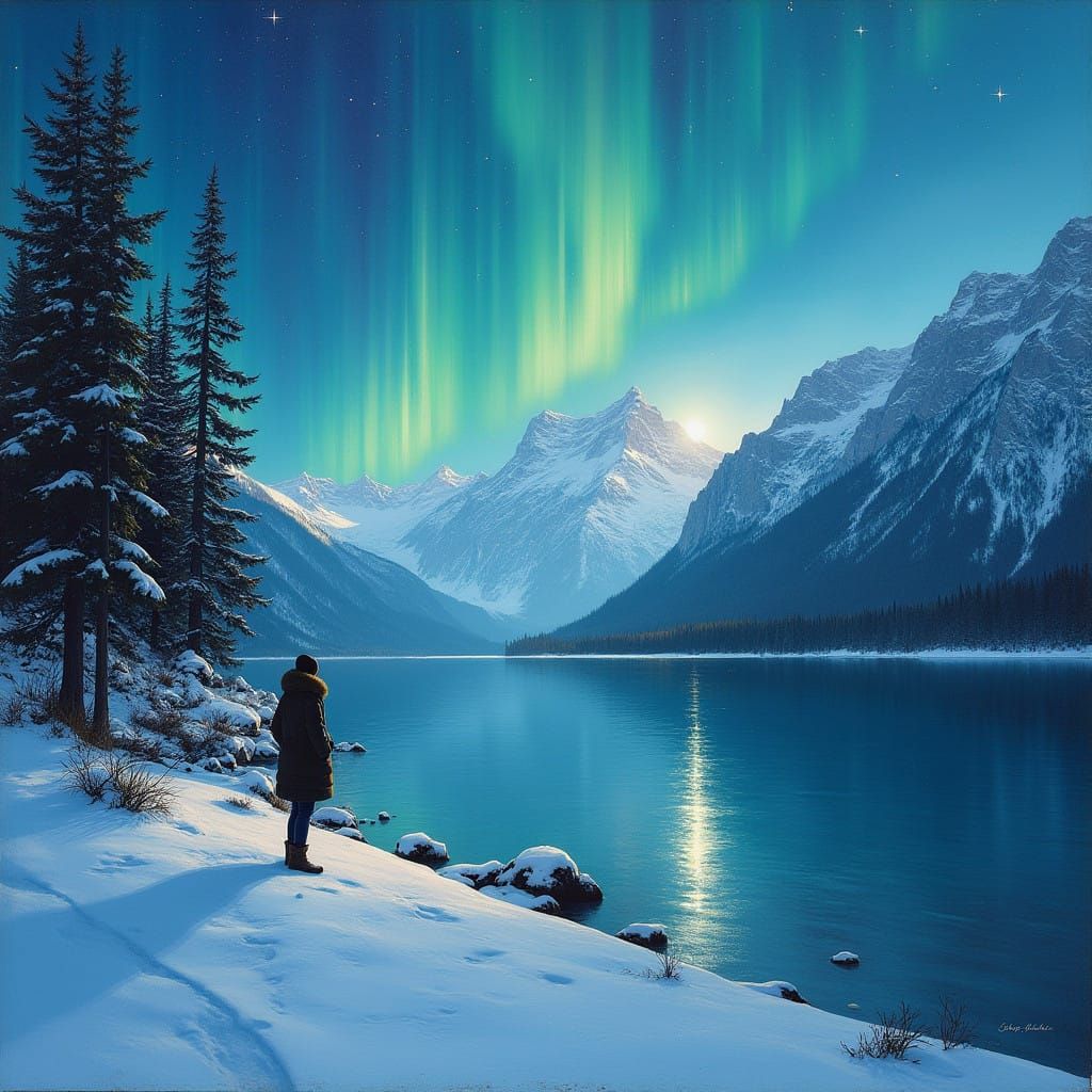Winter Wonderland with Aurora Borealis in Luminous Landscape...