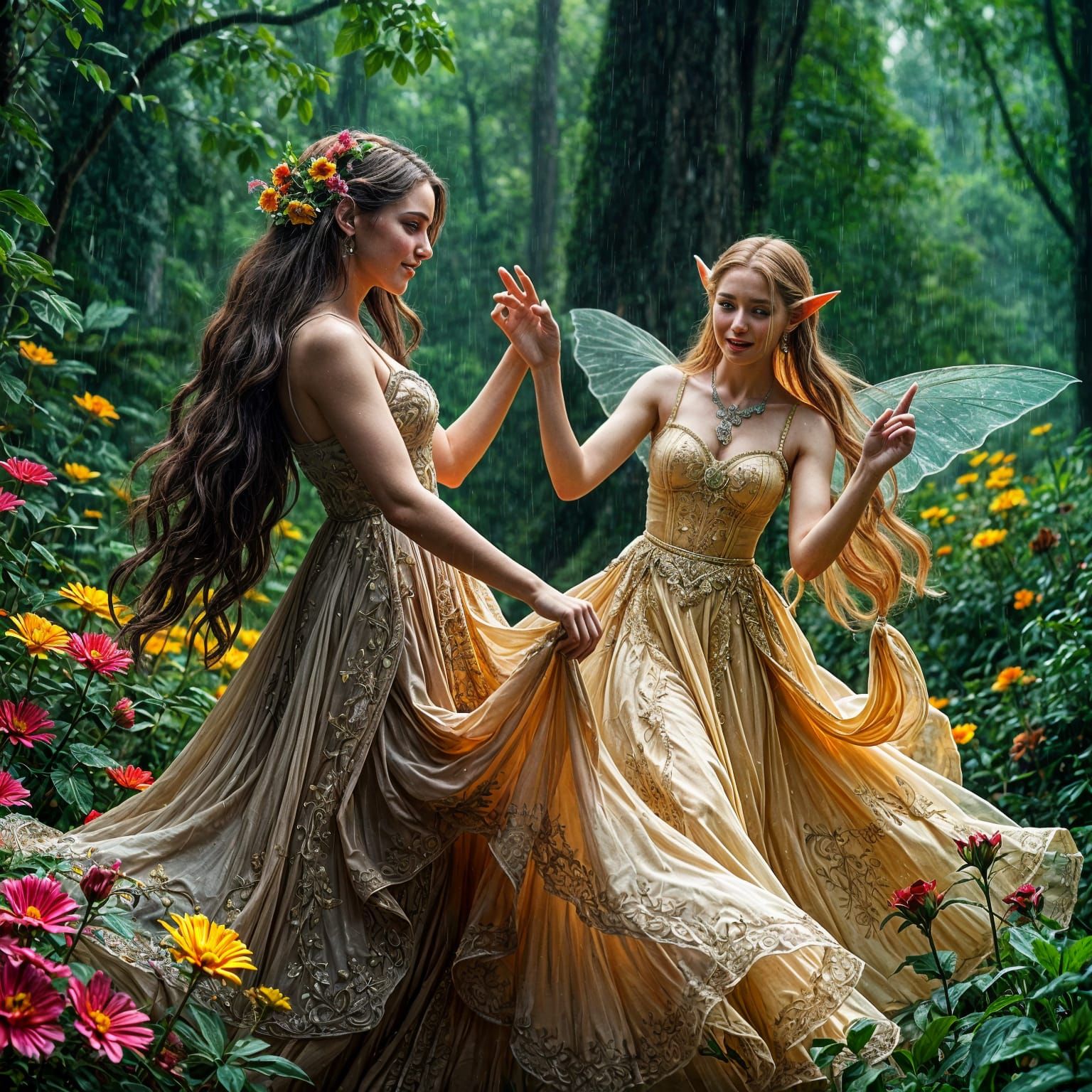 Elven Women Dancing in the Rain, Photorealistic Style