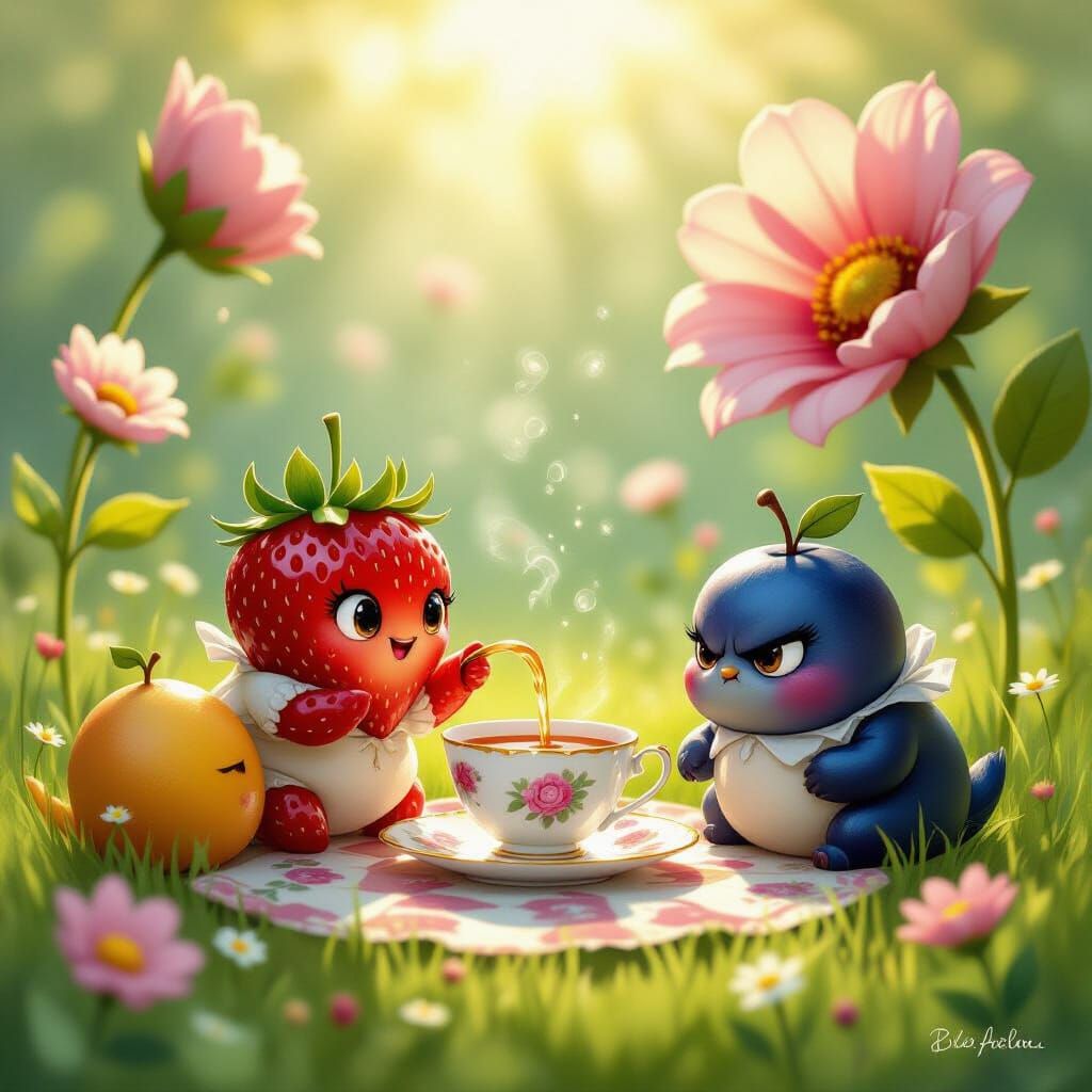Chaotic Fruit Tea Party in Sun-Dappled Meadow