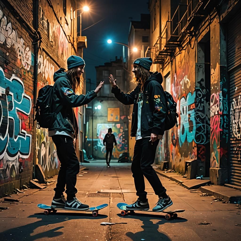 Teenage Skateboarders' Nighttime High-Five, Alcohol Ink Styl...