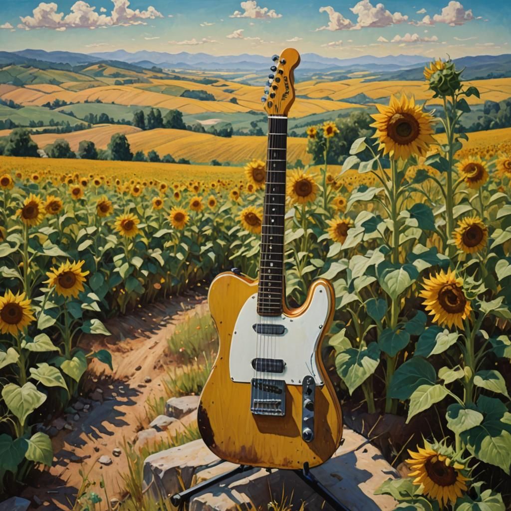 Telecaster in Sunflower Field: Oil Painting