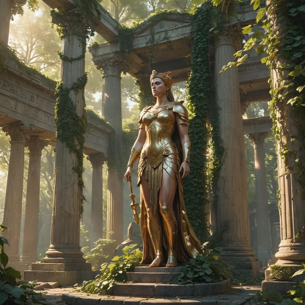 Athena Statue in Ancient Temple, Fantasy Art