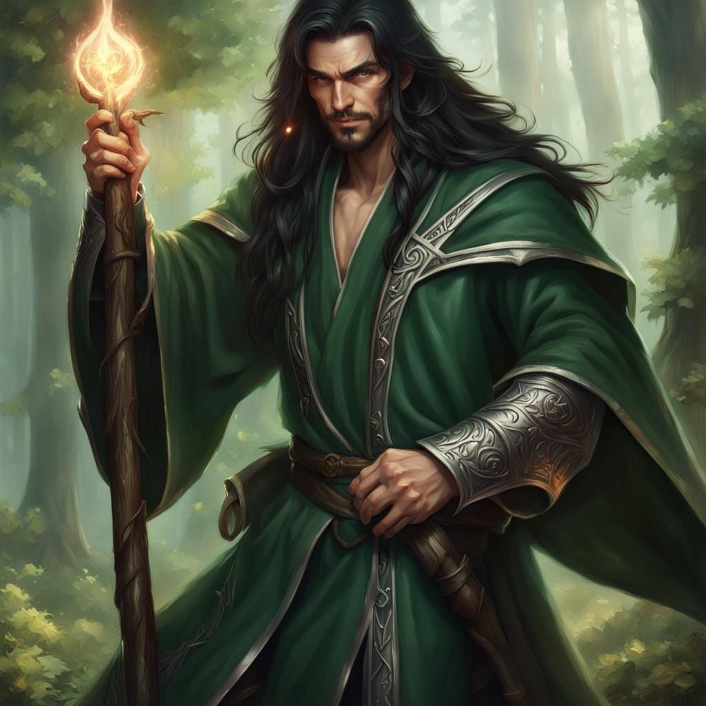 Cheliax Wizard in Forest Green Robes, Epic CG Art