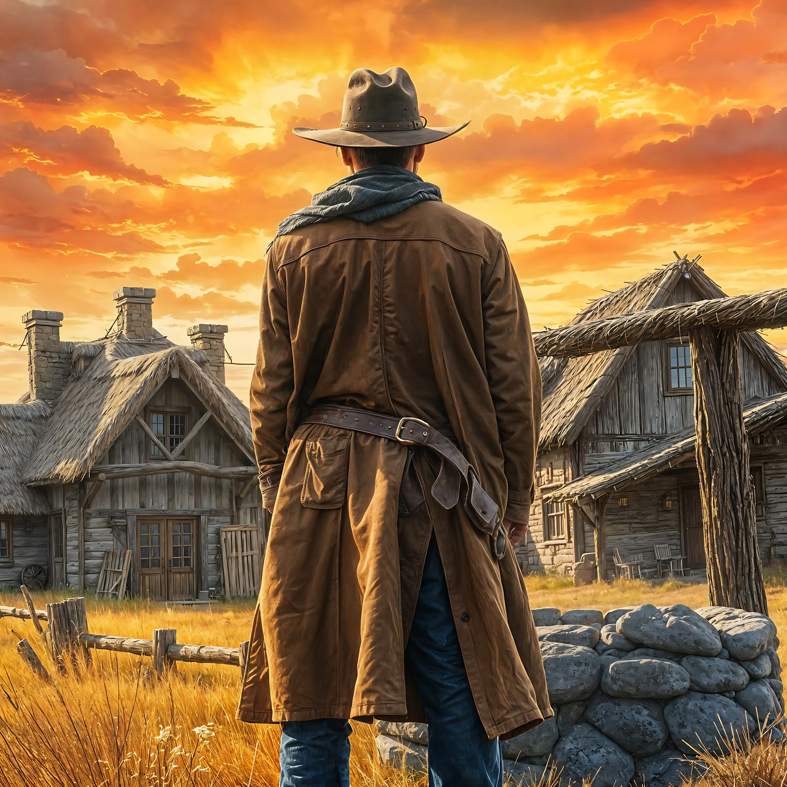 A Cowboy in Sunset Glory, Watercolor Style