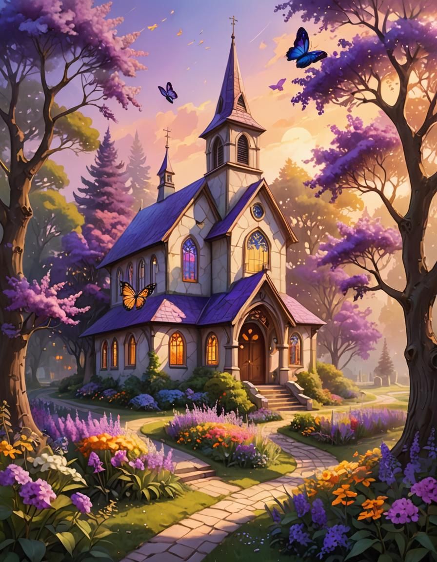 Idyllic Country Church in Dreamy Thomas Kinkade Style