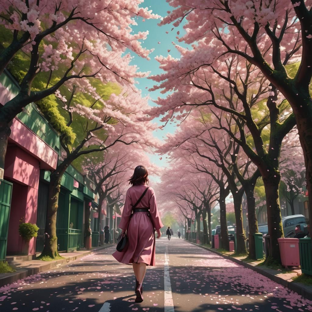 Girl Walks Among Cherry Blossoms: Fantasy Art