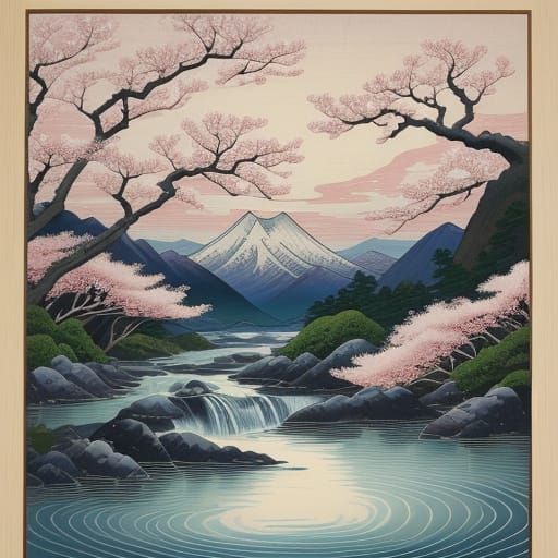 Elegant Japanese Cherry Blossom Scene in Ukiyo-e Style