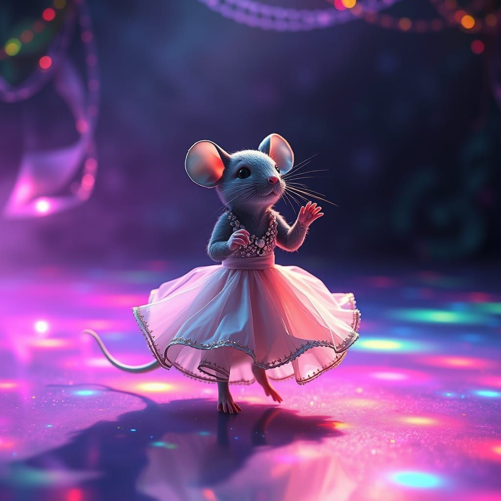 Ethereal Night Scene with Dancing Grey Mouse in Neon Party D...