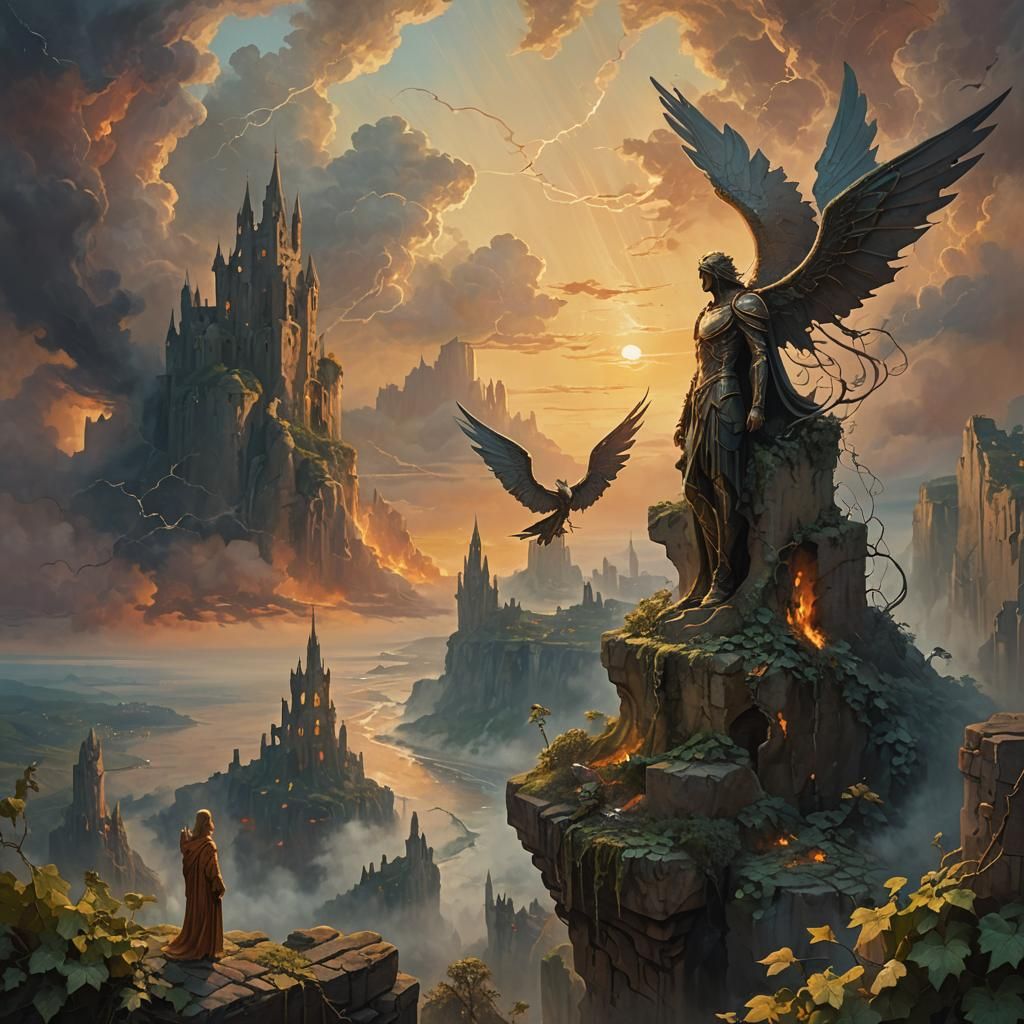 Winged Figure Overlooks Ruined City in Oil Painting Style