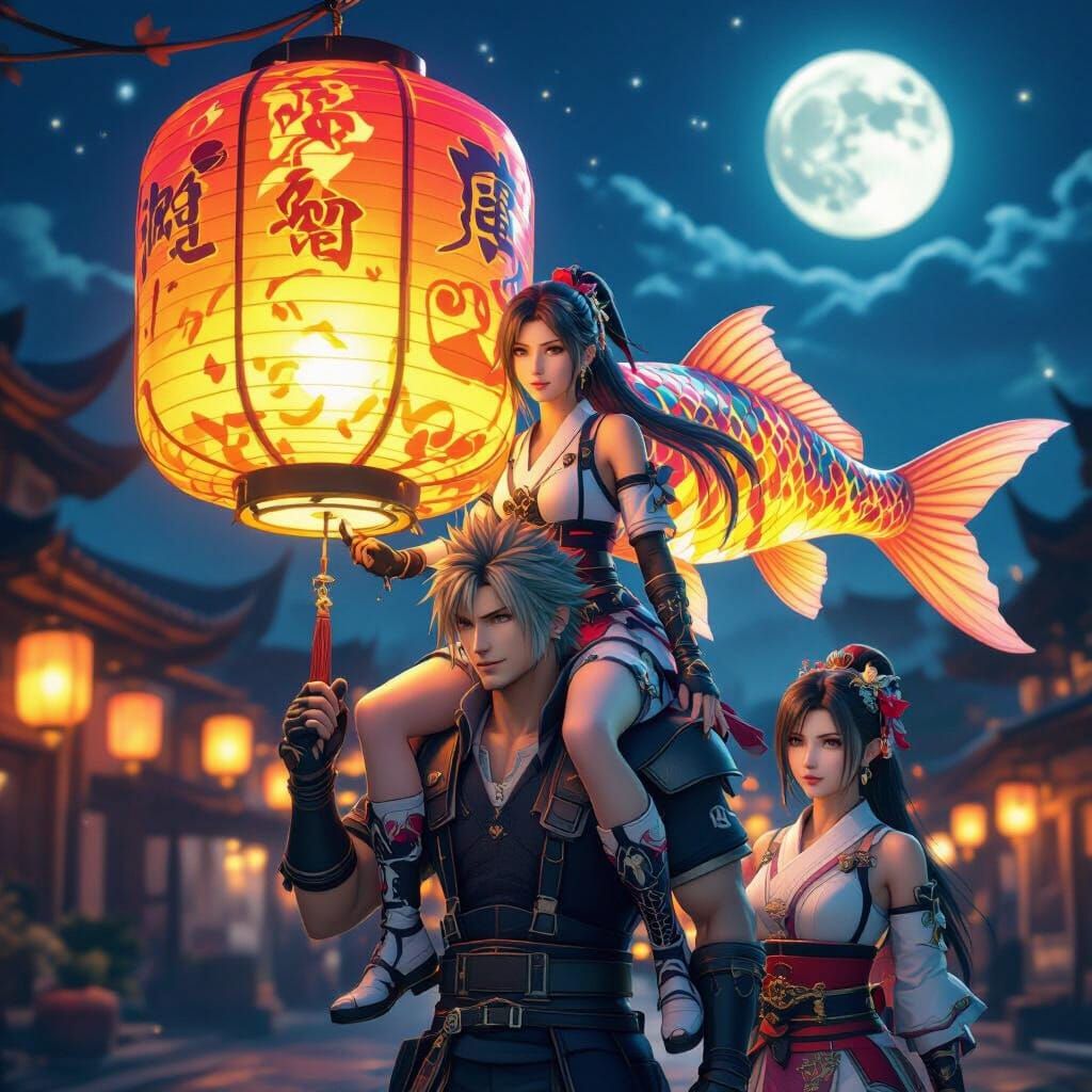 Final Fantasy Characters with Carp Lantern Under Starry Moon