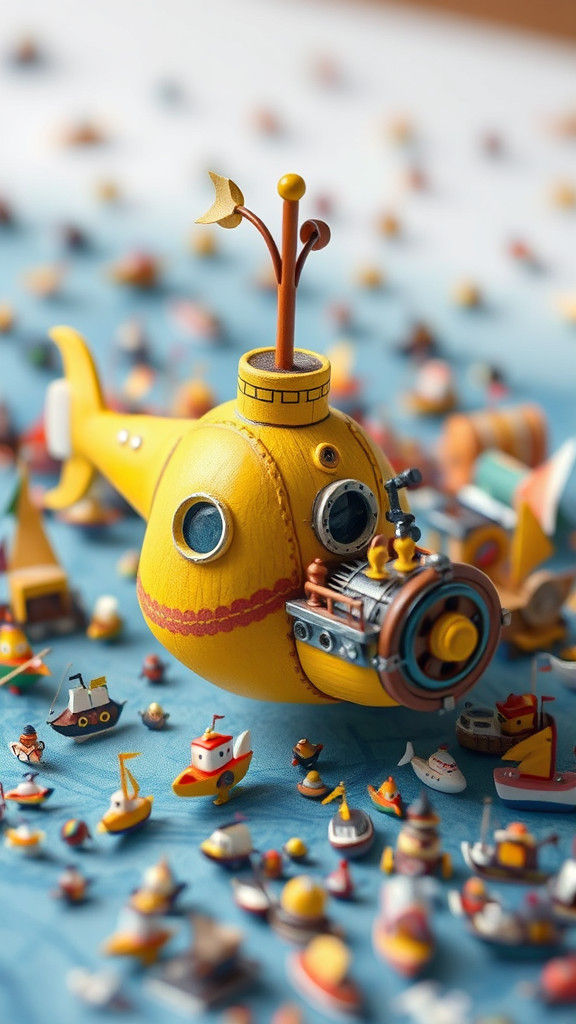 Whimsical Yellow Submarine Doodle with Steampunk Engine