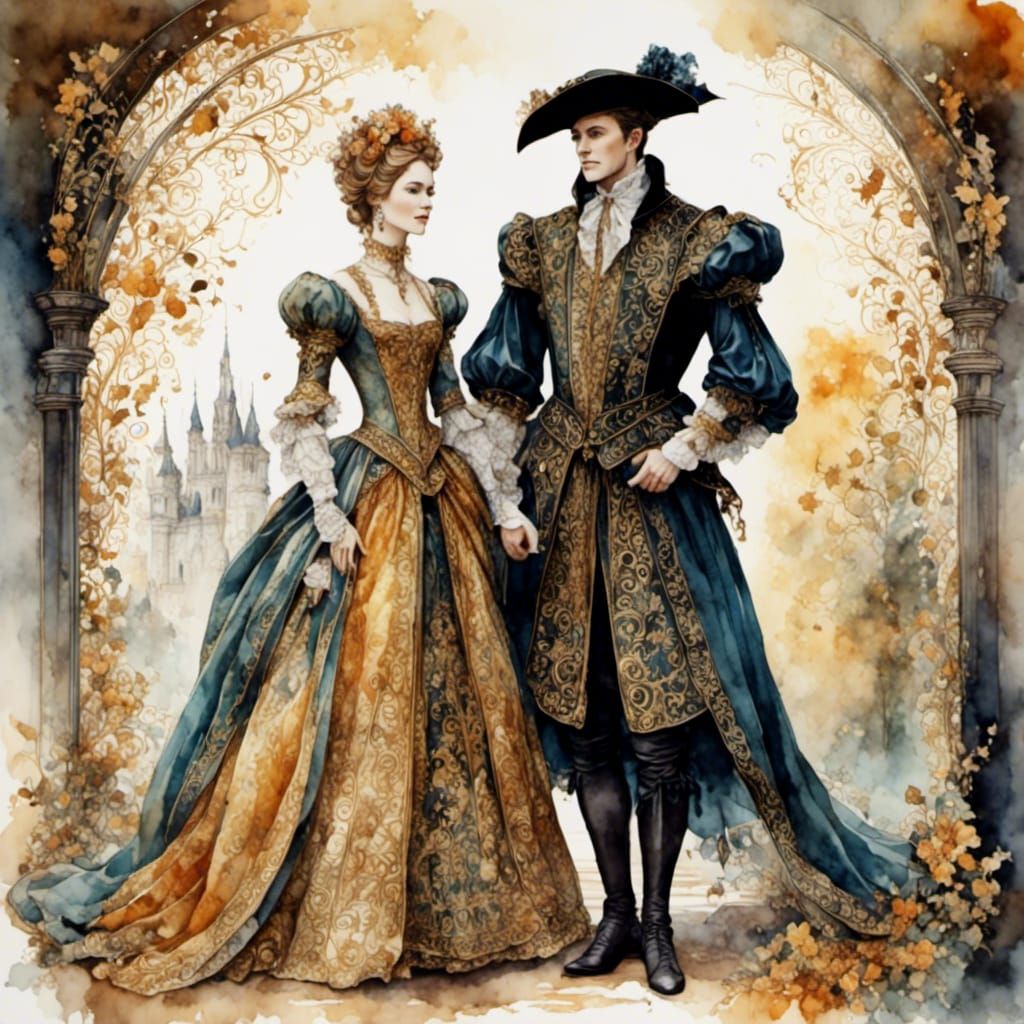 Tudor Couple Portrait in Romantic Watercolor Style