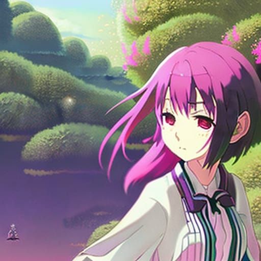 Cute Pink-Haired Anime Girl in Shinhanga Art Deco Style