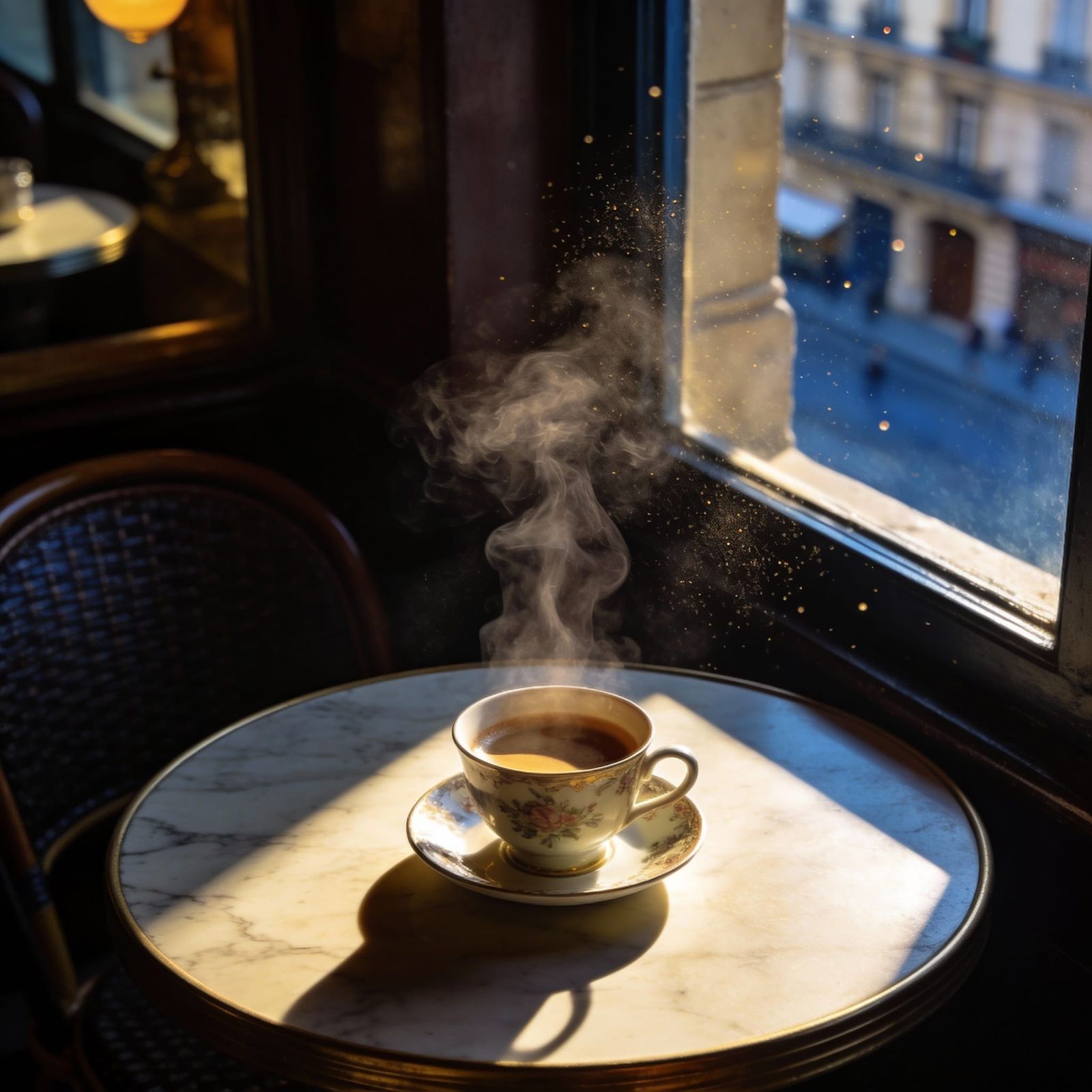 Parisian Cafe Scene with Coffee Cup in Soft Realism