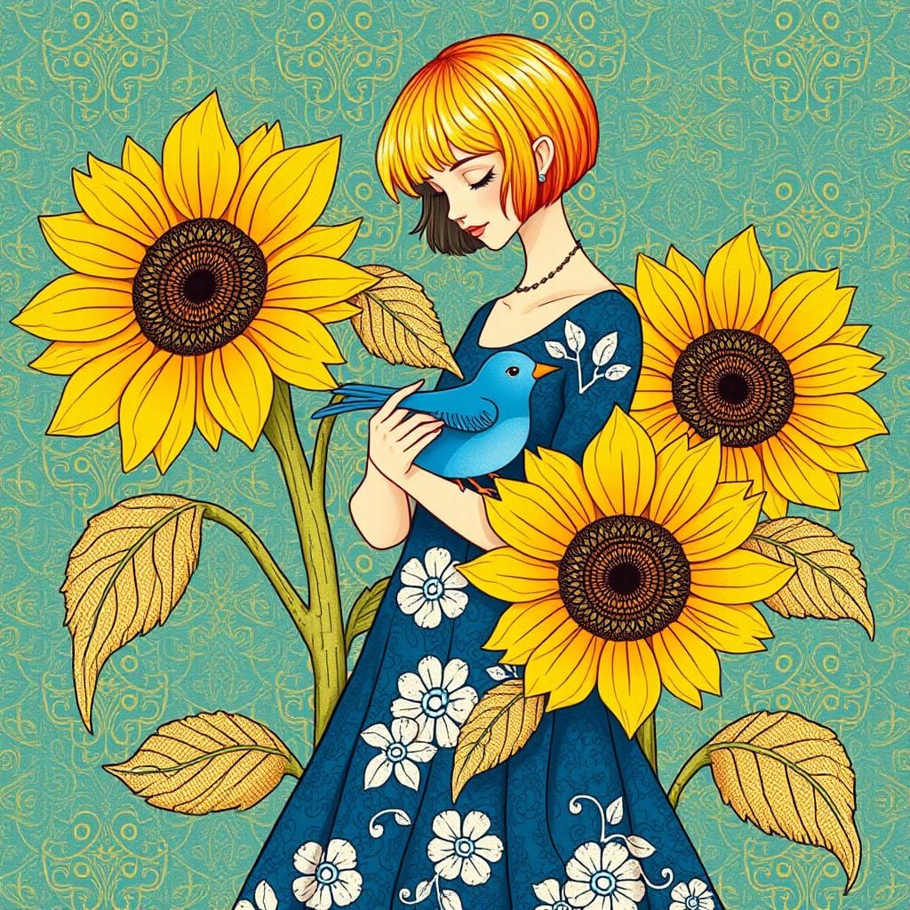 Woman with Blonde Bob and Blue Dress Holds Delicate Blue Bir...