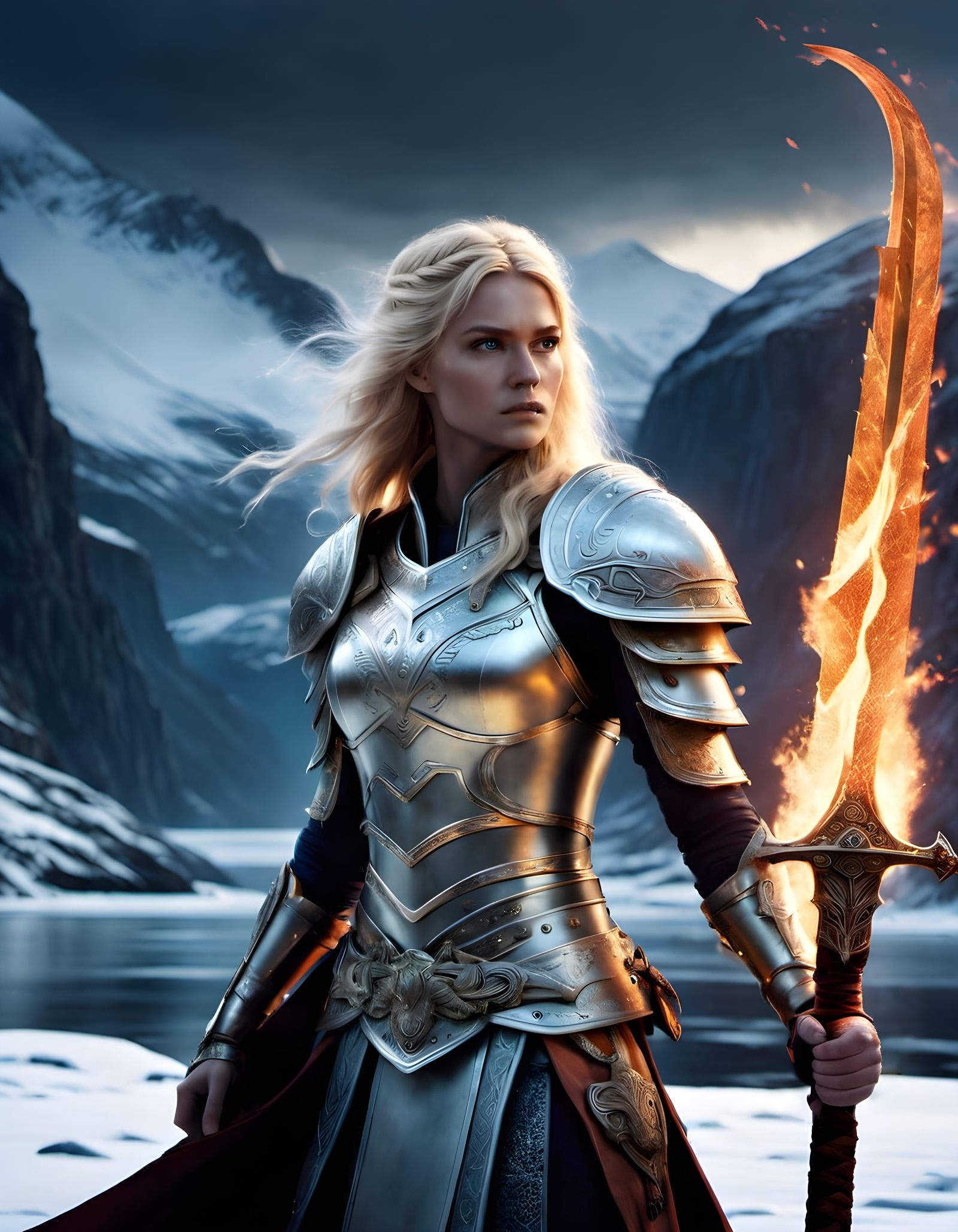 Blonde Valkyrie in Snowy Fjord with Flaming Sword