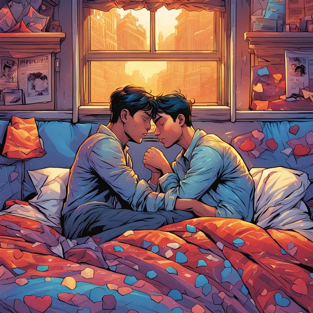 Gay Teens' Intimate Kiss: Comic Book Style Art