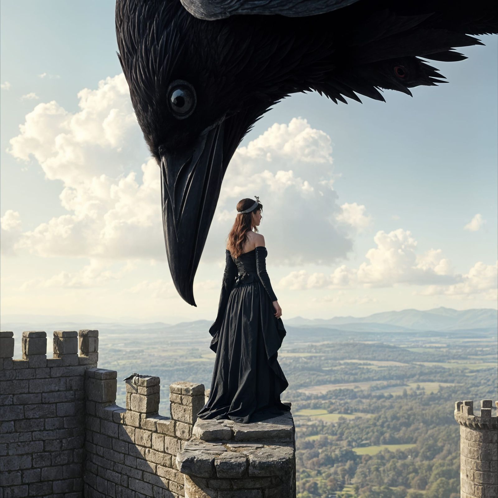 A Gothic Maiden Perched on Castle Walls