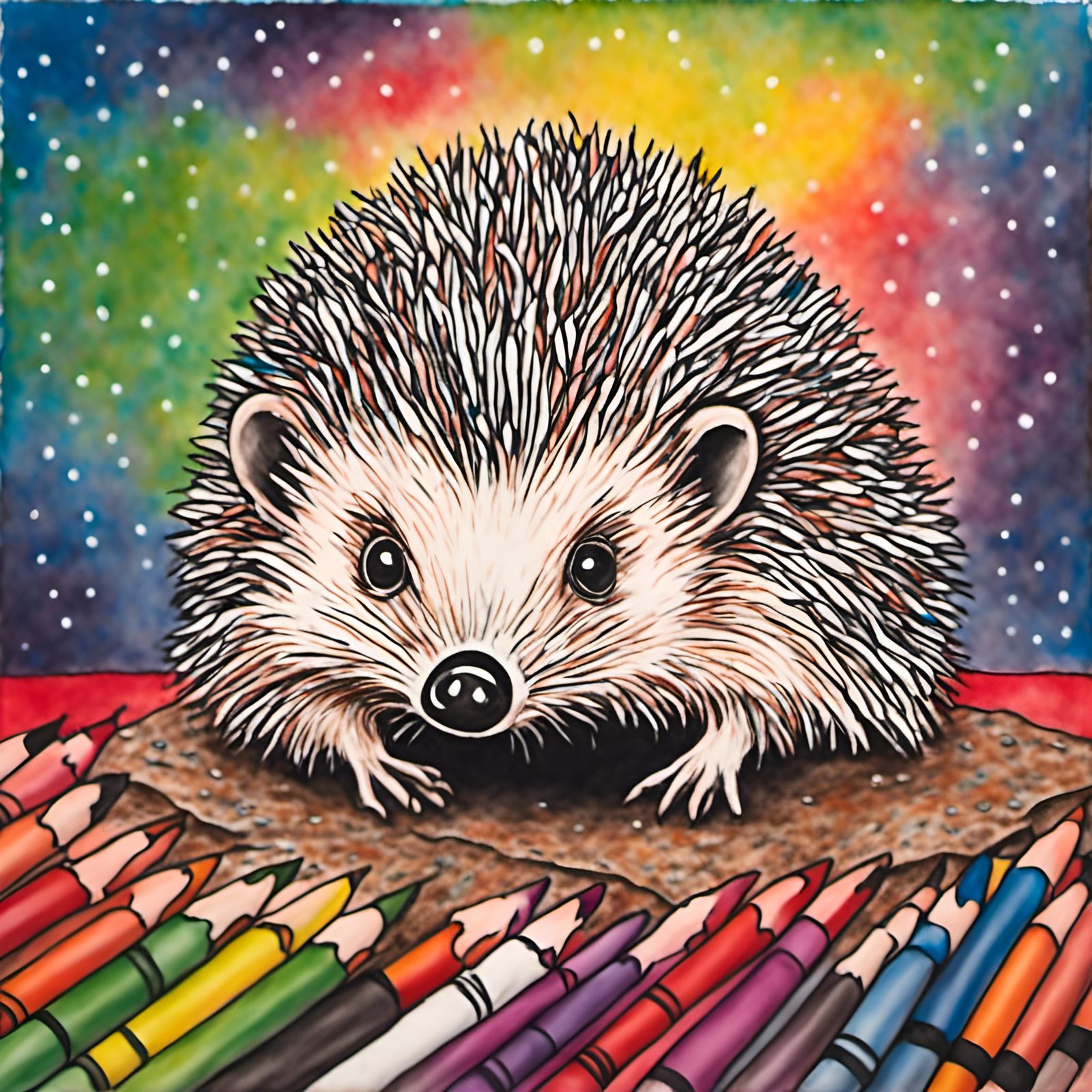 Colorful Crayon Hedgehog Illustration on Wax Paper