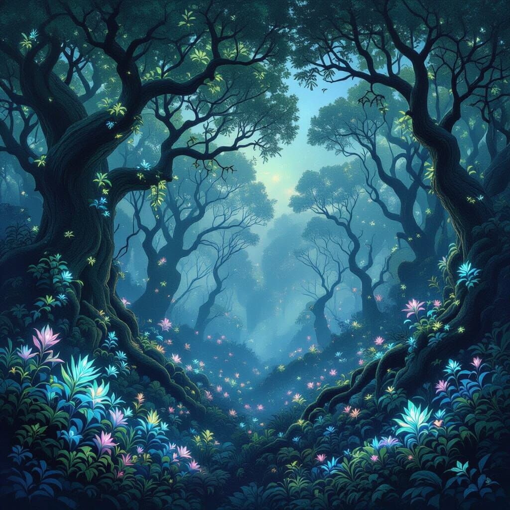 Ethereal Forest with Bioluminescent Flora Under Nebulae Sky