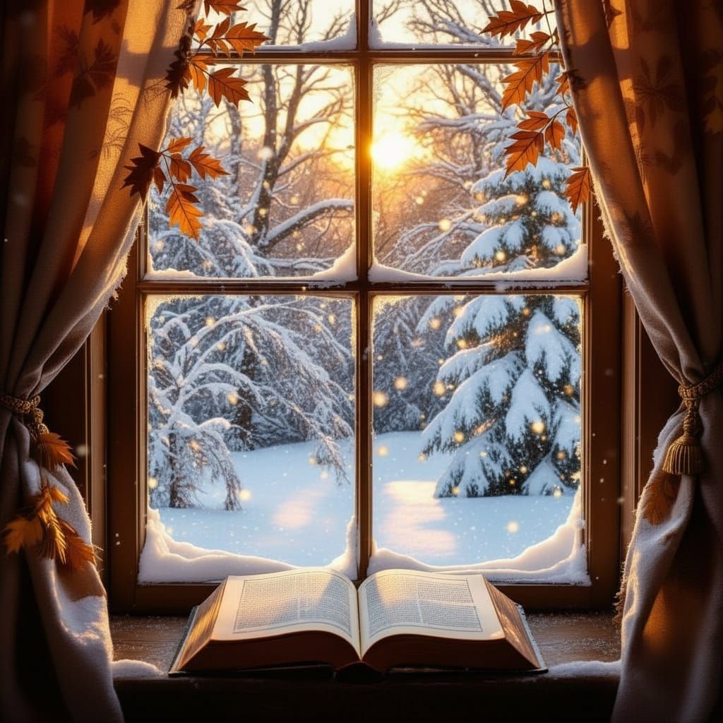 Enchanting Winter Window View with Autumn Foliage