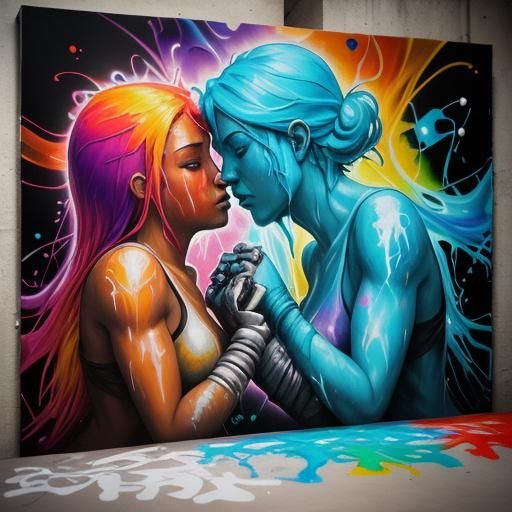 Light Beings Arm Wrestle in Graffiti Art Style