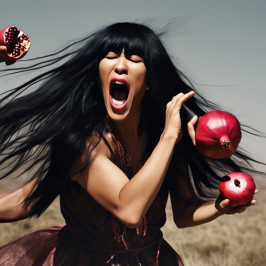 Loreen screaming with a pomegranate