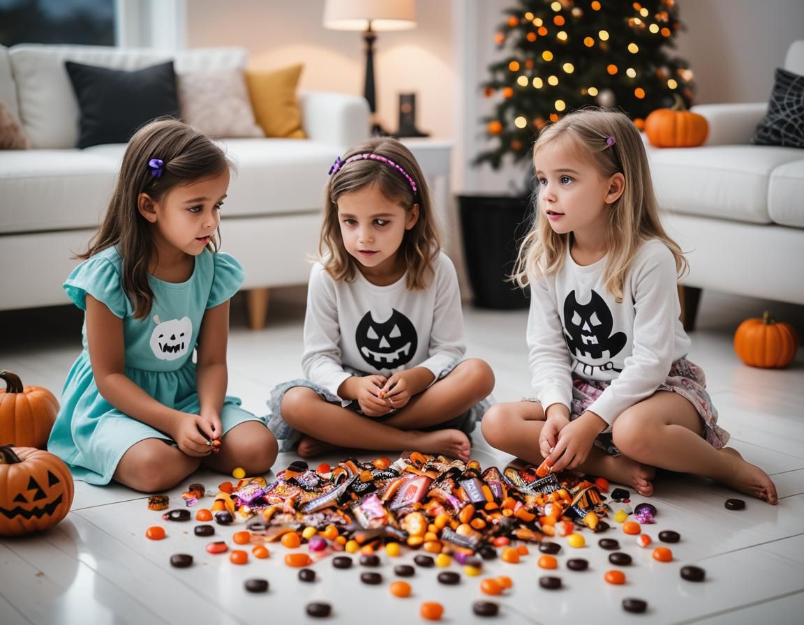 Little girls sitting on the floor of a white living room. 
L...