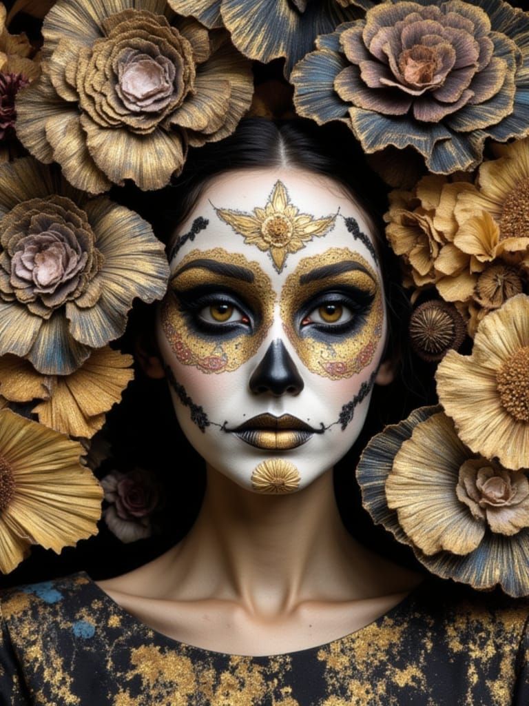Dia de los Muertos Woman with Gilded Swirling Foliage