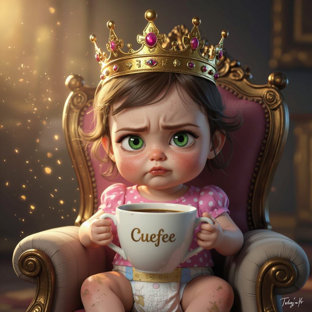 Sulking Baby Queen in Royal Chair: 3D Cartoon