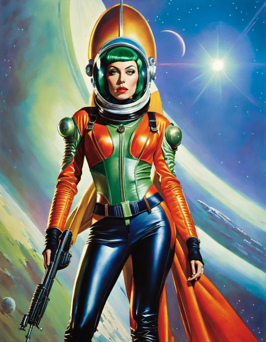 Green Alien Pinup in Retro Sci-Fi Style