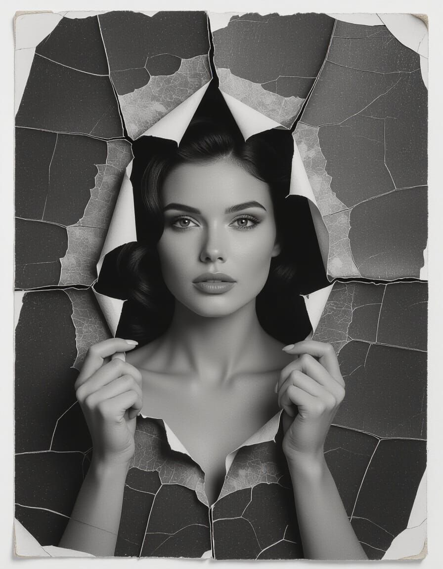Surreal Photo of Woman Tearing Open a Monochrome Photograph