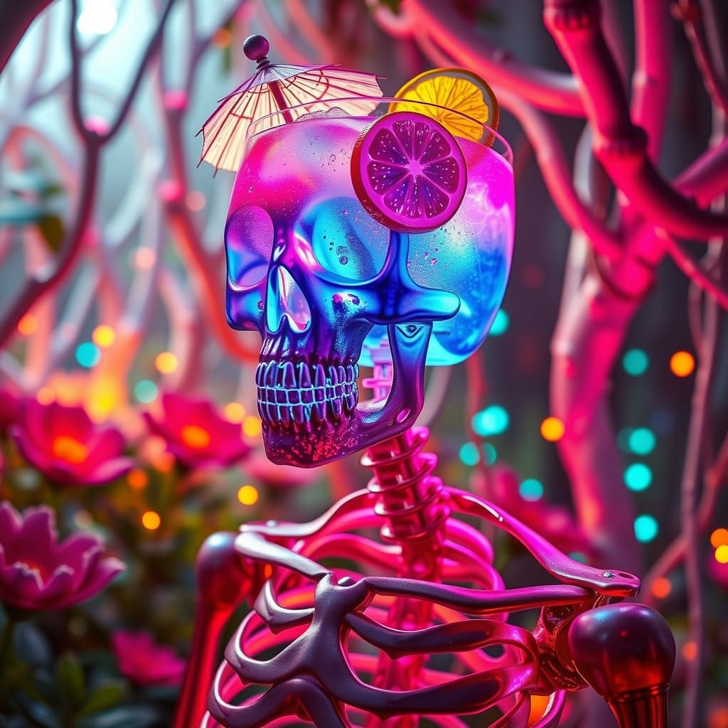 Crystal Skeleton Cocktail in Neon Dreamscape