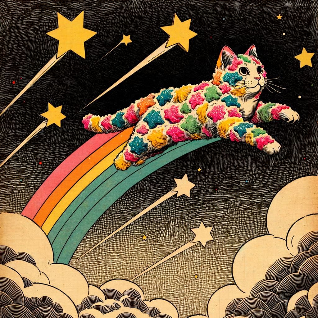 Pastry Cat Soaring Through Starry Sky in Woodblock Print Sty...
