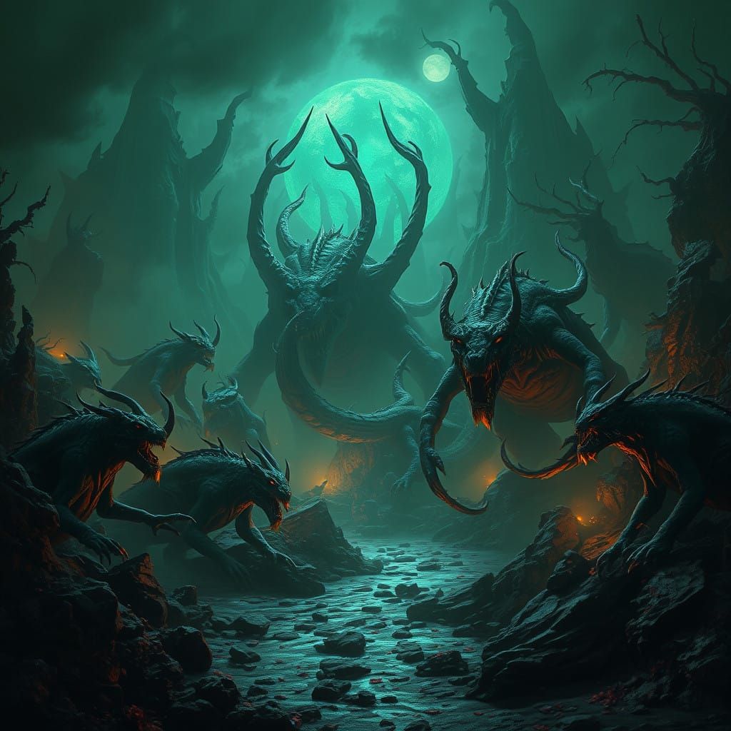 Ethereal Realms of Ancient Monsters in High-Contrast Style