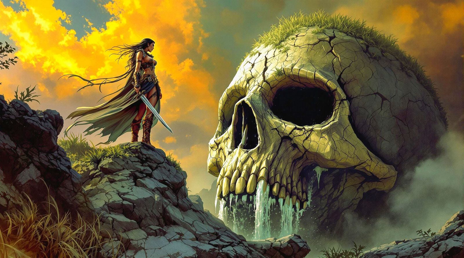 Barbarian Queen on Skull Mountain, in Frazetta Style