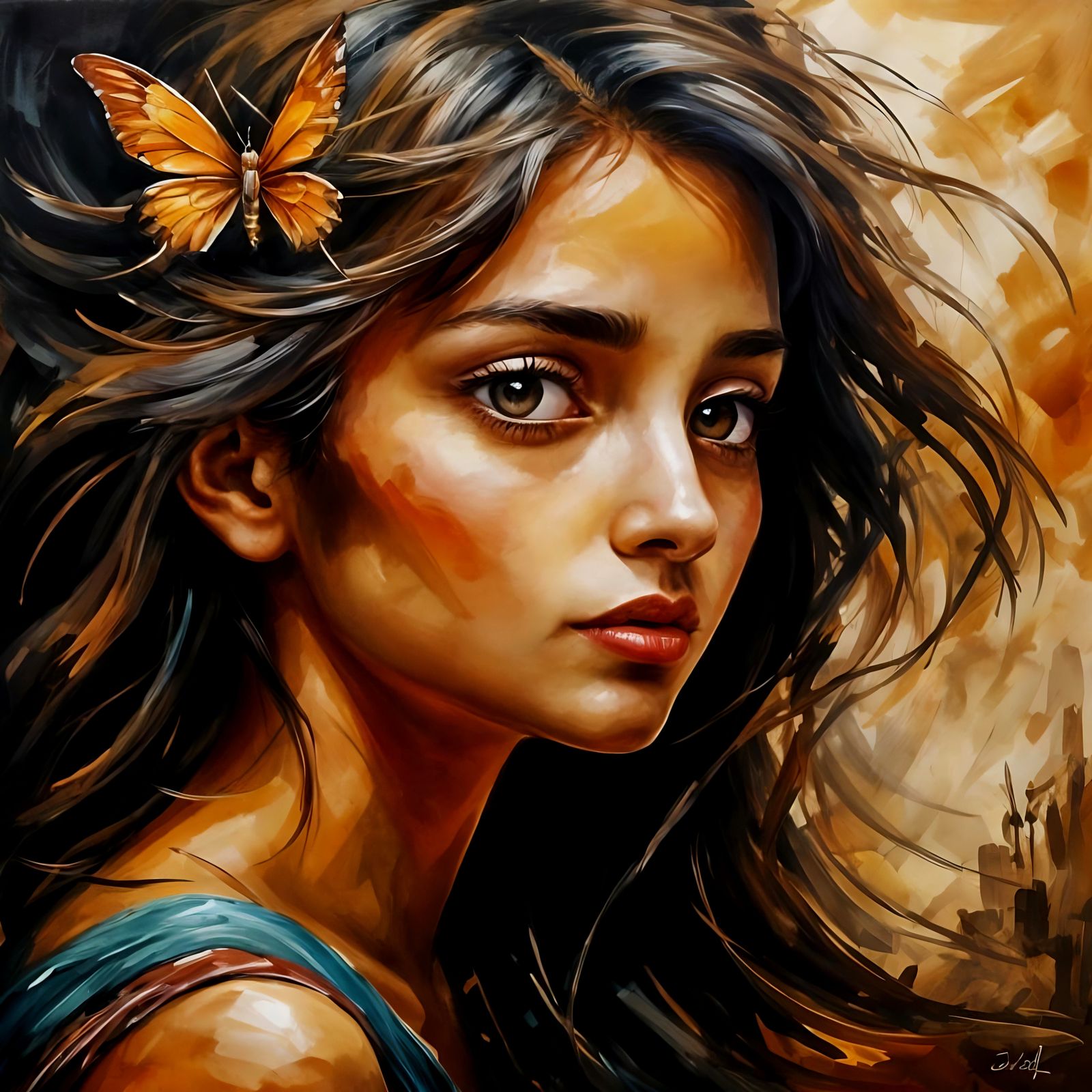 Arabian Fairy in Desert Storm: A Rough Oil Painting