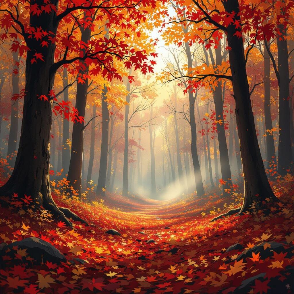 Ethereal Autumn Forest with Sunlight and Mist