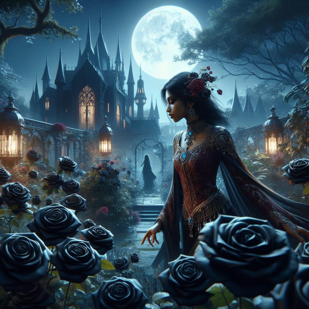 South Asian Vampire in Black Rose Garden